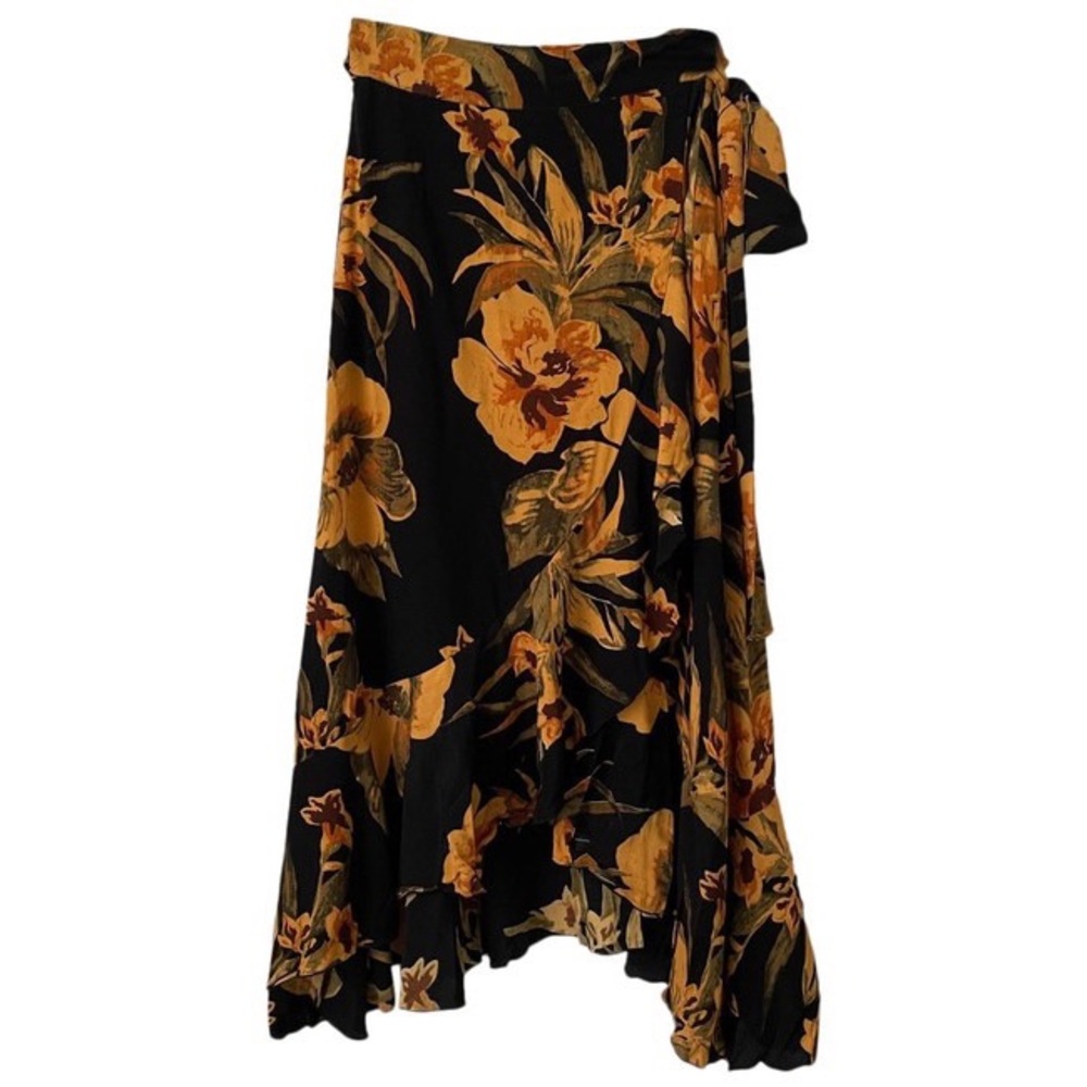 Faithfull the Brand Black Floral Wrap Skirt with Mustard Yellow Blooms